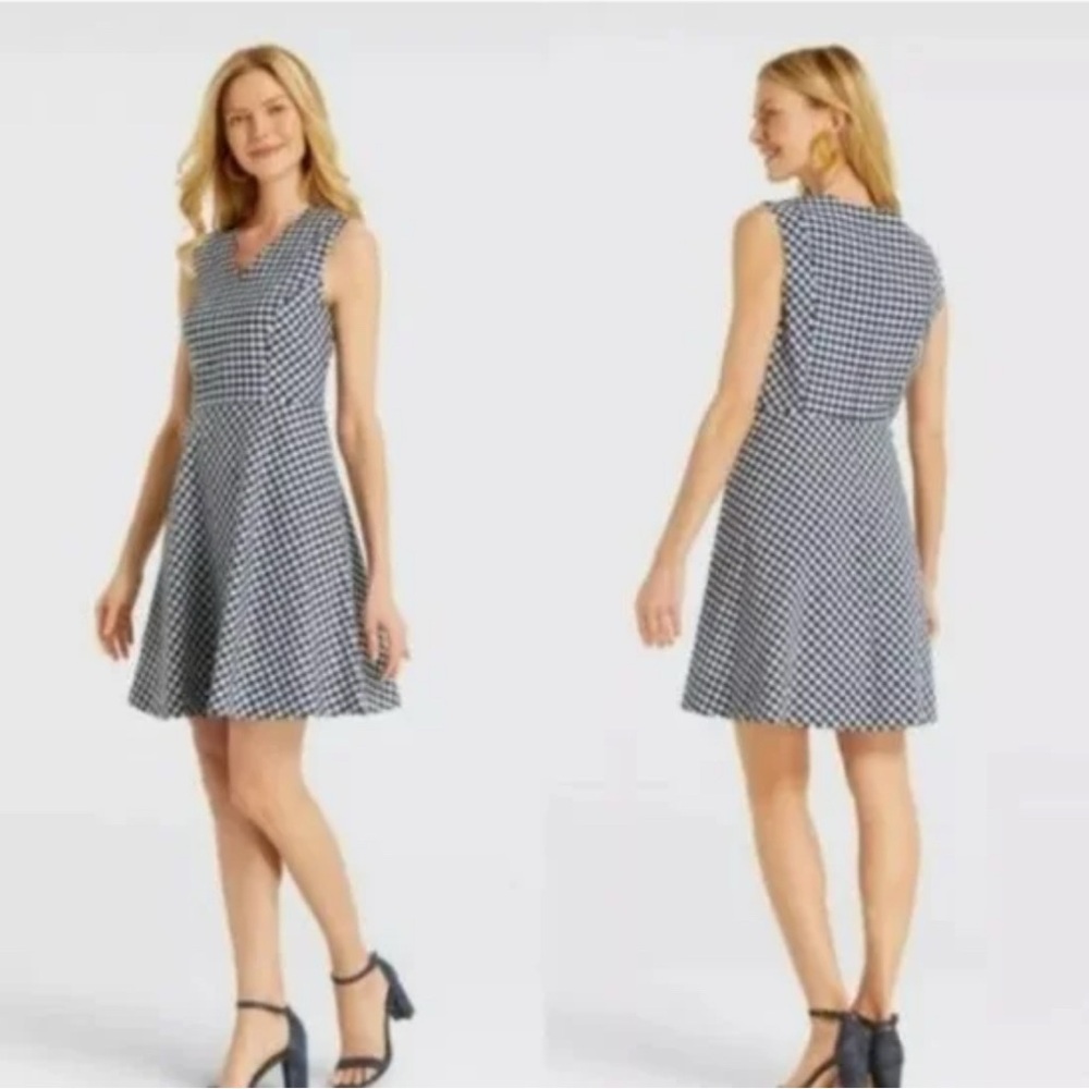 Draper James Blue and White Sleeveless V-neck A-line Gingham Dress